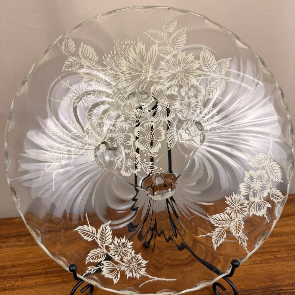 Cambridge Silver City Glass Cake Plate Sterling Silver Overlay Floral 12.25in